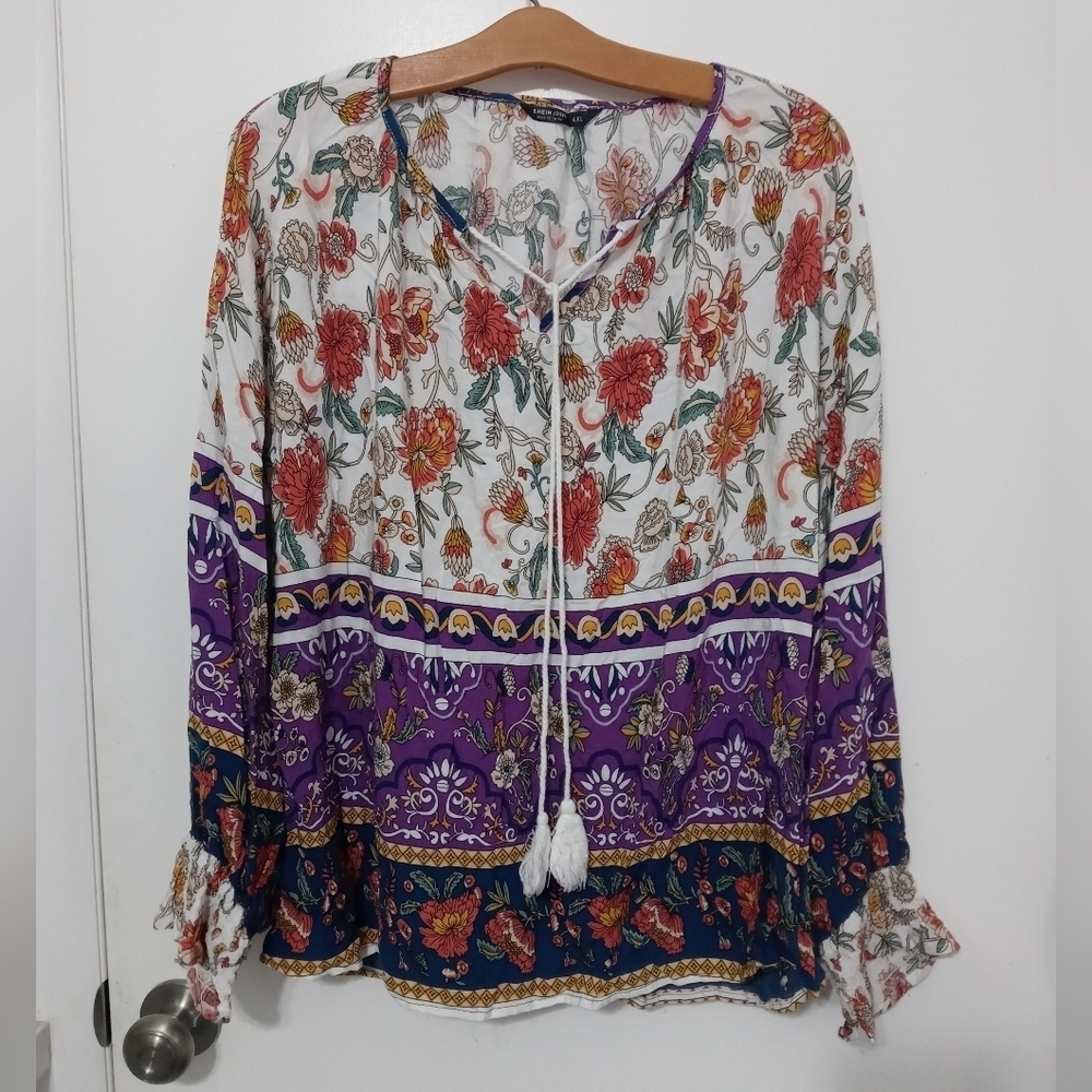 Shein Curve Women's 4X Peasant Floral patchwork Boho v neck long sleeve Blouse